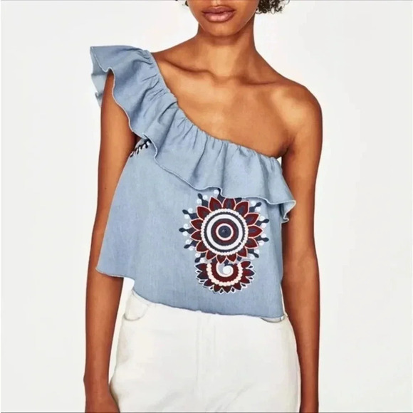 Zara chambray frill embroidered one shoulder top size XS - Picture 1 of 6